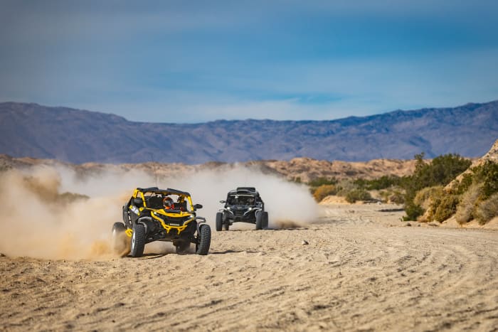 Travis Pastrana leads Brian Deegan in their jaunt through the Southern California desert. Photo: Long Nguyen.